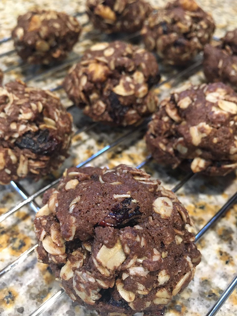 JWalkWriter's tweet image. I was craving a cookie I’ve never actually had before and couldn’t find a recipe for.🤷‍♀️ So, I altered an existing recipe by doing what I do best: eyeballing s**t. May I present chocolate oatmeal cookies w/dried cherries and walnuts 🍪