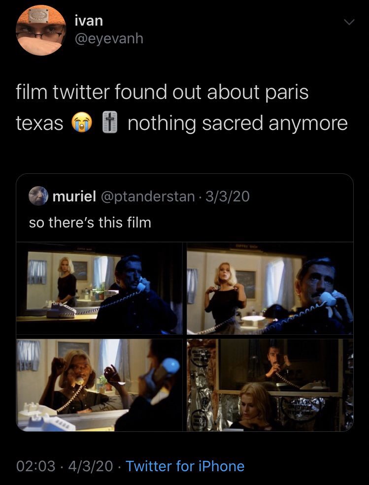 film twitter found out about paris texas  nothing sacred anymore