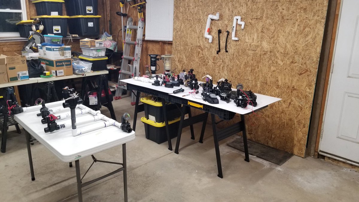 PSUTurfRainman's tweet photo. Getting the studio garage ready for Monday's Zoom lecture on valves and a valve in head sprinkler review. Prepared for live-water demonstrations.
#psuturf
#pennstateturf 
#pennstateirrigation https://t.co/njeBcT4ox4