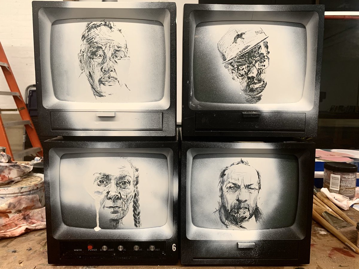 I’ve been doing portraits of people I know in self-isolation. Spray paint on old monitors. Drawing is done by scraping away the paint. I’ve put the first several in this thread...