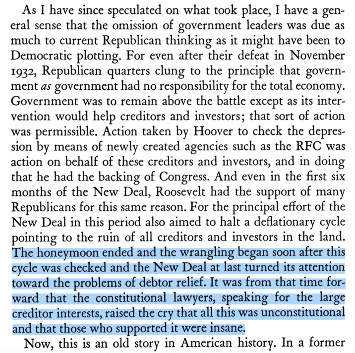 "The honeymoon ended and the wrangling began soon after this cycle was checked and the New Deal at last turned its attention toward the problems of debtor relief."