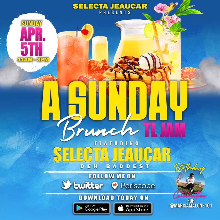 SelectaJeaucar's tweet photo. #TLJamReturns and is LIVE on Periscope! 📲

SJ Presents: “A Sunday Brunch”🍹

Tables of 4 (by RSVP) Include:🏷

• Bottomless Mimosas 🥂
• 2 Premium Drink(s) Card 🥃
• Caribbean Cuisine Breakfast Buffet

Birthday Celebrations For:
🎊 @MarisaMalone101 🎊

https://t.co/jkOky9LT5H https://t.co/Lu6dBPpzJE