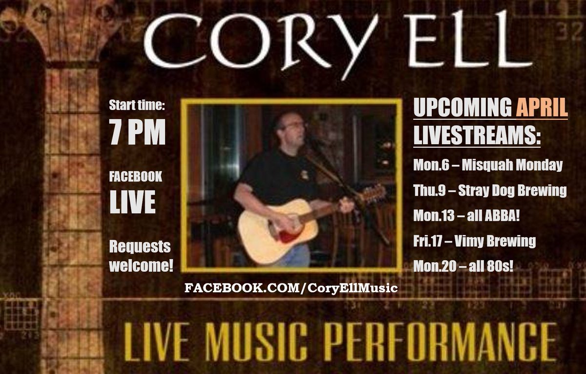 Don't let the isolation keep you down - join me for live music on Facebook Live. 7 pm starts, requests always welcome! Several events lined up - save the dates! #CoryEllMusic #StrayDogBrewing #VimyBrewing #CampMisquah