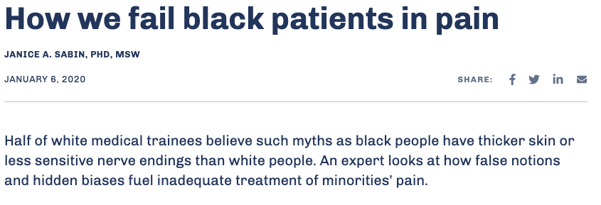 3. Healthcare professionals are biasedNumerous studies show racial biases in medicine, including doctors' belief that we have thicker skin & can tolerate more pain, often causing them to reject complaints of symptomsApparently, Dr. Dre & Dr. Manhattan are the only good ones
