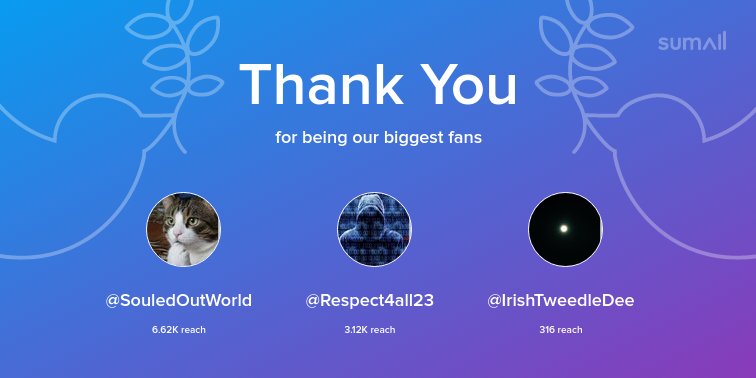 HallardRon's tweet photo. Our biggest fans this week: SouledOutWorld, Respect4all23, IrishTweedleDee. Thank you! via https://t.co/7Zvj9v4jlM https://t.co/QAAAON4CAw