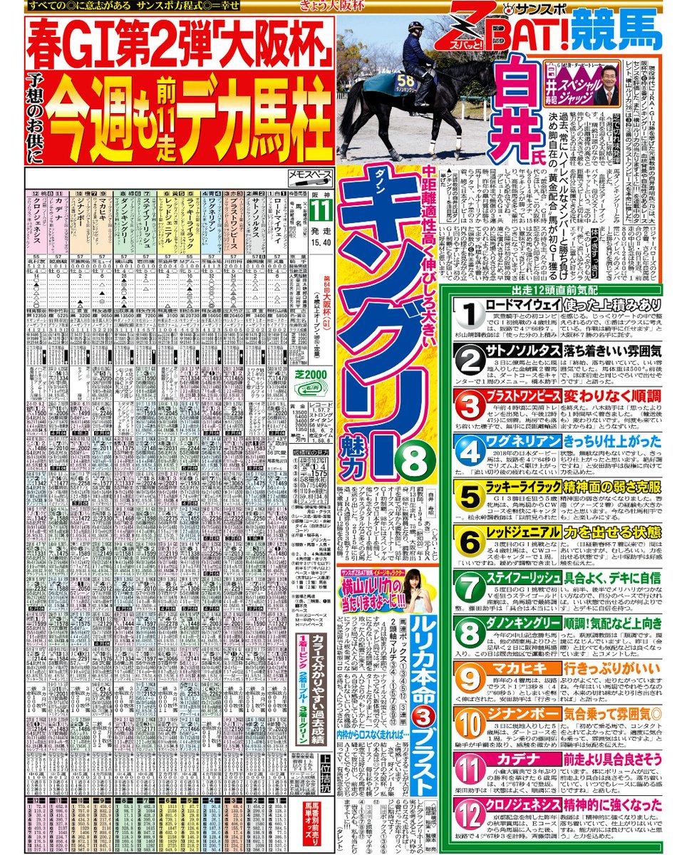 大阪サンスポレース部 大阪サンスポ２面は 先週に続き前11走掲載のデカ馬柱 大阪杯 が載っています 馬柱下には 馬番別馬単 オッズもついています ご参考に 元調教師の白井寿昭氏 横山ルリカさんの予想もこちらです 大阪杯 馬柱