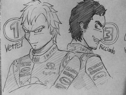 これは結構前に描いたやつだけど、ドラゴンボールに出てきそうな感じのF1ドライバー達。2014年だって…色々と懐かしすぎでは 