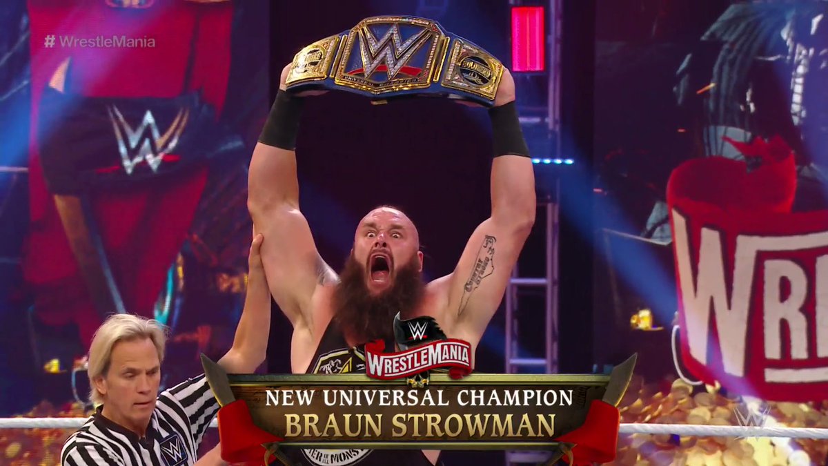 WWE's tweet photo. MONSTER among CHAMPIONS.

@BraunStrowman defeats @Goldberg to become the NEW #UniversalChampion! #WrestleMania https://t.co/Lwq3yBJdb5