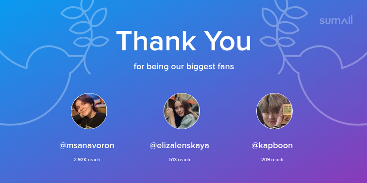 Our biggest fans this week: msanavoron, elizalenskaya, kapboon. Thank you! via sumall.com/thankyou?utm_s…