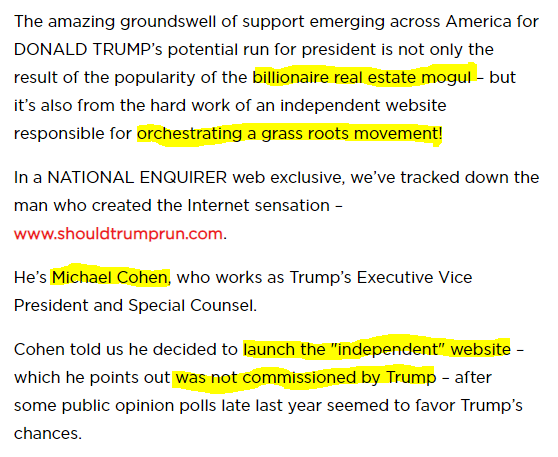 4/March 2, 2011 - Trump and his mob lawyer Michael 'El Caribe' Cohen start to push a Trump 2012 presidential run in the National Enquirer. Looking back, this story is hilarious.'Grass roots movement!'NEW POLL: DONALD TRUMP TROUNCES GOP TOP GUNS https://www.nationalenquirer.com/celebrity/new-poll-donald-trump-trounces-gop-top-guns/