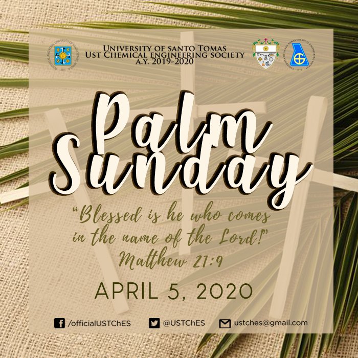 USTChES's tweet photo. Today, we commemorate Jesus Christ's triumphant entry to Jerusalem. This is the last Sunday of Lent and the beginning of the Holy Week. 

May the spirit of this holy occasion fill your heart with joy and happiness. Have a blessed Palm Sunday!

✍: Faith Zarina Dy

#FlyWithChES https://t.co/ZCR0A5mFFr