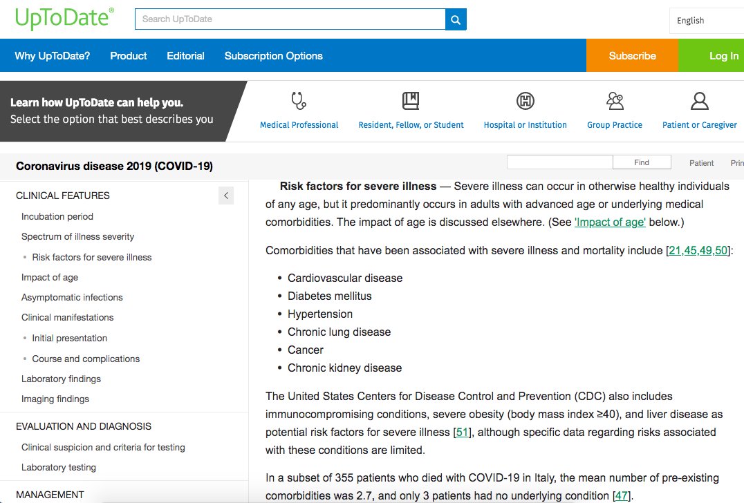 1 approach to understanding  #covid19 infection is to examine co-morbidities & ask what's common?Most prevalent Cov19 co-morbs:1)age2)Hypertension 3)Diabetes4)Cardiovascular disease 5)Kidney disease6)Chronic respiratory disease (esp COPD)8)Cancers9)BMI>4010)>