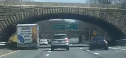 moveology's tweet image. I saw this uhaul this afternoon on the southern state parkway in NY. (FYI no trucks allowed on parkways in NYS) He missed like 5 bridges by inches. I was honking at him for 3 min.I think he finally got the message and got off the parkway.This is a still from the video #NoCoverage