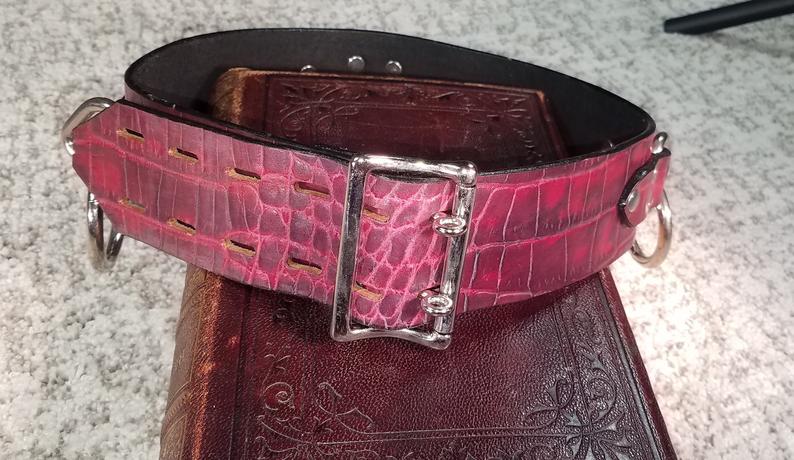 DominionLeather's tweet photo. PREMADE ITEM - Scaled Leather Submissive Locking Bondage Belt with 2 lock buckle in Red and Pink (26 to 30 inches) 
https://t.co/1fPfefNULB https://t.co/RNNRKsgcal