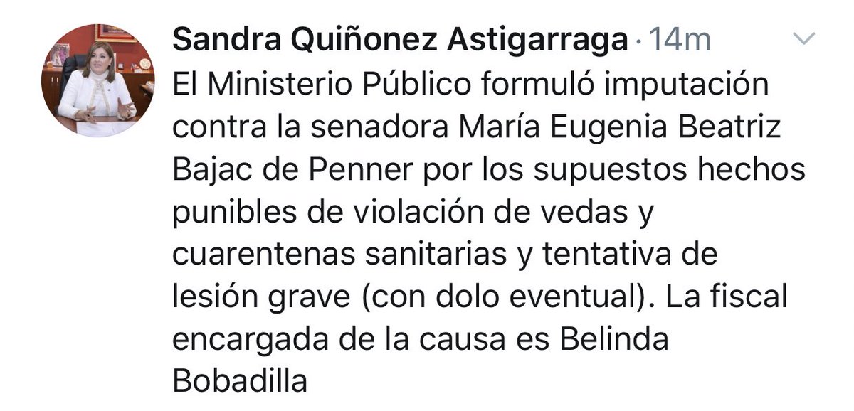 >>> AHORA: 

📍Imputan a la senadora Eugenia Bajac por supuesta violación de cuarentena sanitaria y tentativa de lesión grave.

📍Fiscal General <a href="/SandraQuinonezA/">Sandra Quiñonez Astigarraga</a> informó hace minutos que la agente Belinda Bobadilla tomó esta decisión y que solicitará su desafuero.

#L25
#COVID19