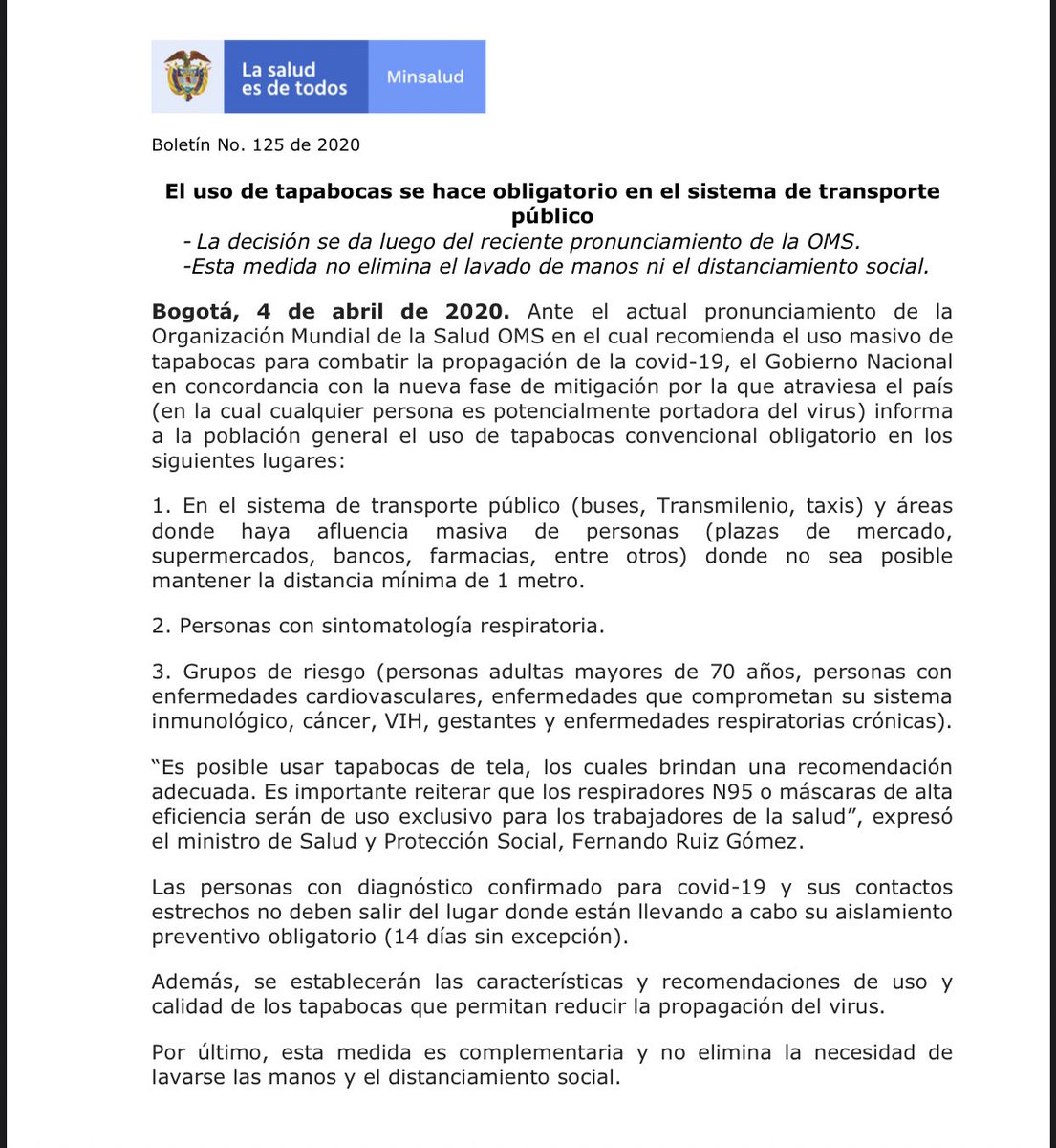 TheoGelves's tweet photo. #ATENCIÓN: Ministerio de Salud hace obligatorio el uso de tapabocas en todo el sistema de transporte público del país, así como en lugares concurridos y en los que no se pueda garantizar el metro de distancia entre personas (plazas de mercado, bancos, supermercados, entre otros) https://t.co/9Q1ee5LdfQ