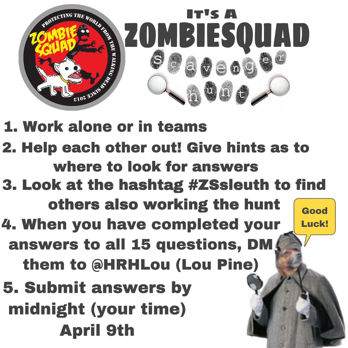 ZombieSquadHQ's tweet photo. Want to challenge your brain a bit? Then join in the ZOMBIESQUAD Scavenger Hunt! All are invited - you don’t have to be a member of #ZSHQ to participate. HAVE FUN! 😃🔍 #ZSsleuth @HRHLou https://t.co/oH7qXMVZLl