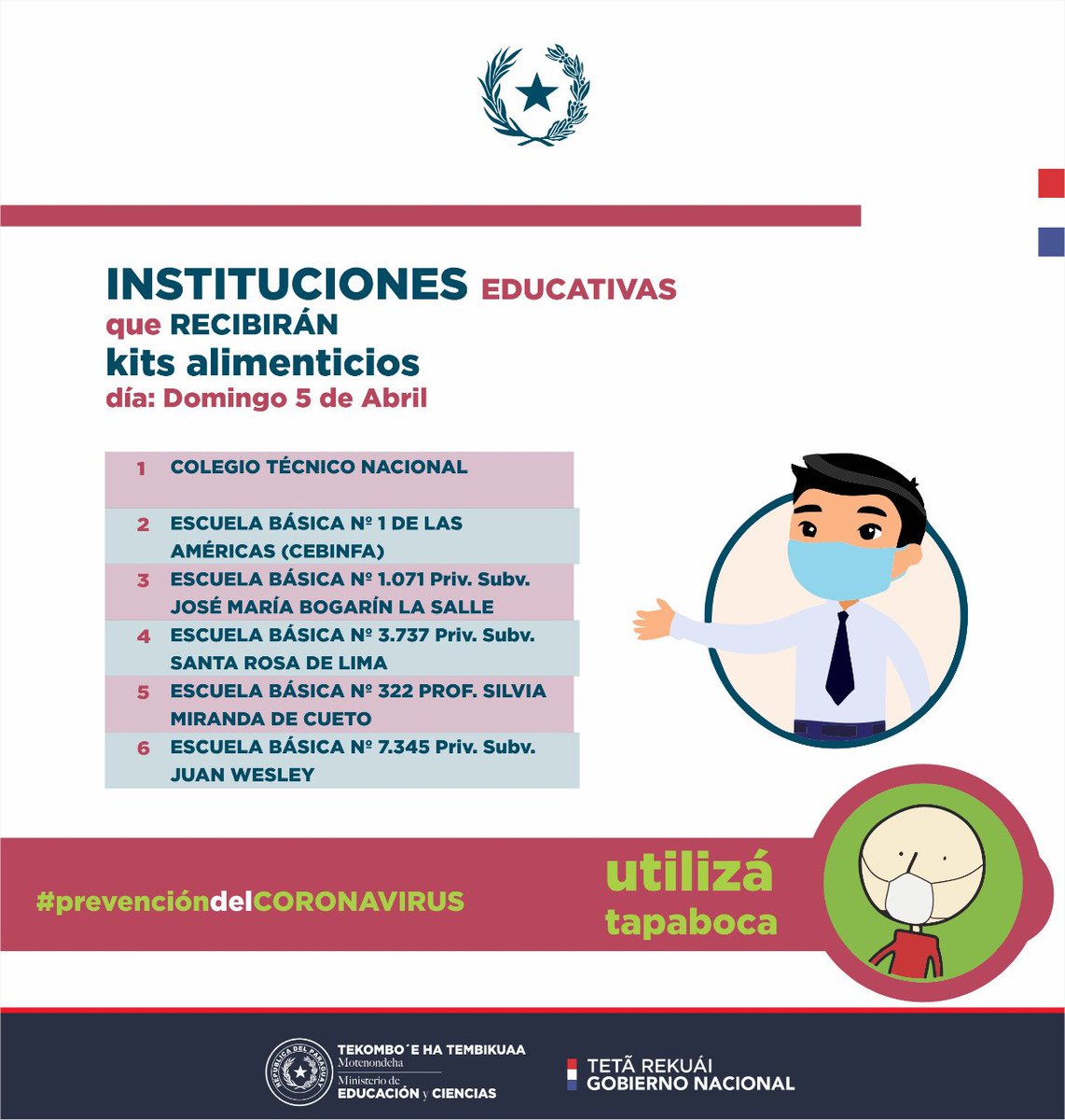MECpy's tweet photo. 🗓️Domingo 05 de abril

"Mi almuerzo escolar en familia" será entregado en éstas escuelas y colegios 🚛

📍Recordemos acudir en orden, cumpliendo con los mecanismos sanitarios de prevención. https://t.co/YSrUm0hJoe