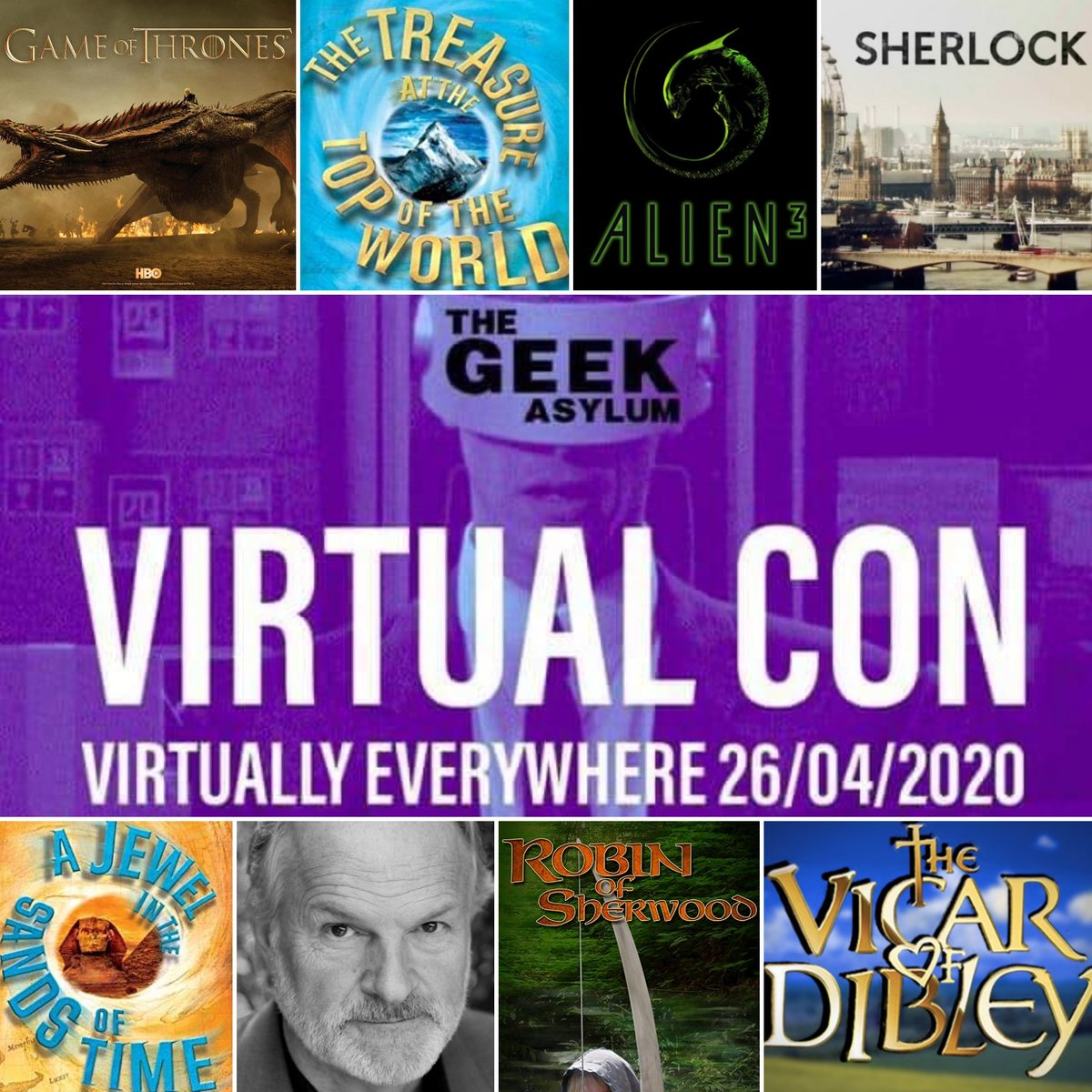 andybrittle1's tweet photo. @MantleClive @GameOfThrones #RobinofSherwood #TheVicarofDibley #Sherlock #Alien3 #Casualty and books #TreasureattheTopoftheWorld #AJewelintheSandsofTime appearing on #VirtualCon @geek_asylum Sunday the 26th April 10am till 11pm courtesy of @AndyBrittle1 https://t.co/4rZX6s9Un0 https://t.co/9AkI7EUZQ9
