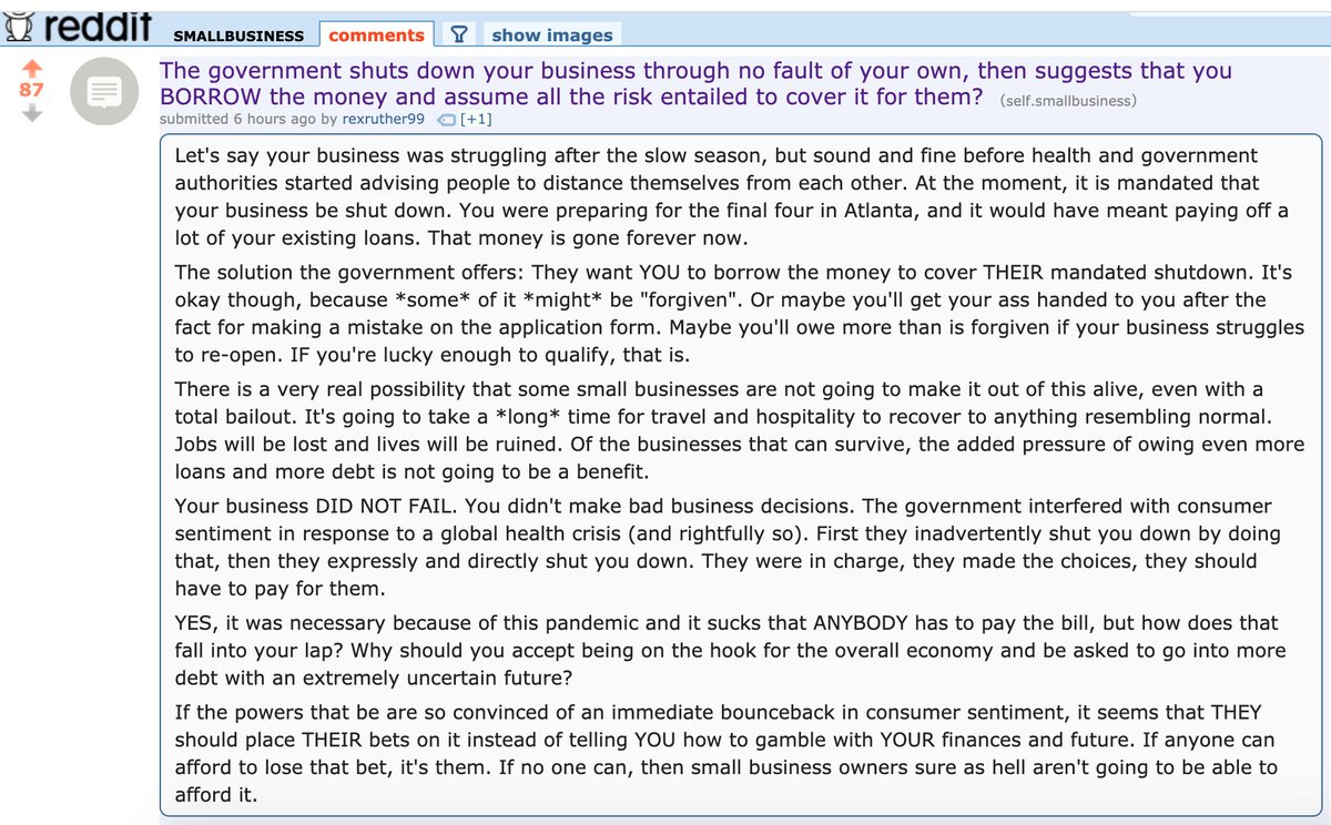 do the feds realize how much rage is coming their way? unknown. will the rage accomplish anything, ultimately? unknownif we bail out banks and airlines while small businesses flounder, AGAIN... https://www.reddit.com/r/smallbusiness/comments/fv0bay/the_government_shuts_down_your_business_through/