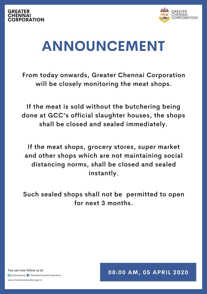 chennaicorp's tweet photo. #Announcement

Attention, all meat stalls, grocery stores, supermarkets, etc. of #Chennai.

These protocols have to be strictly followed.

#Covid19Chennai 
#GCC 
#ChennaiCorporation https://t.co/0rkOuui89D