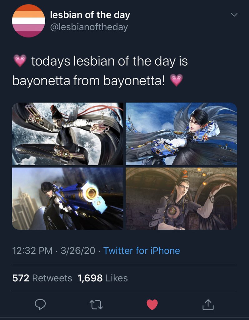 and if you’re still not convinced, bayonetta is a *verified* lesbian of the day award winner for the date of 03/26/20, as shown below.in summation, straights: bayonetta is not for you.