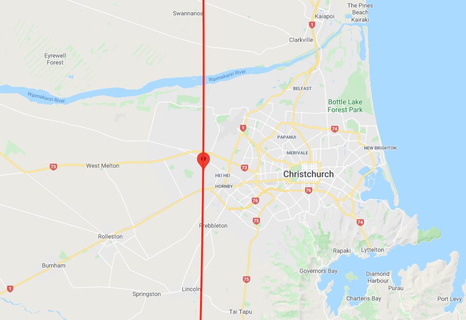 The red line marks 172º30'E through Christchurch's western fringe. Another advantage is that this longitude is exactly +1130 of Greenwich mean time, which was becoming standard across the UK (made official in 1880).But wait, you say, NZ's standard time today is not +1130. Well!