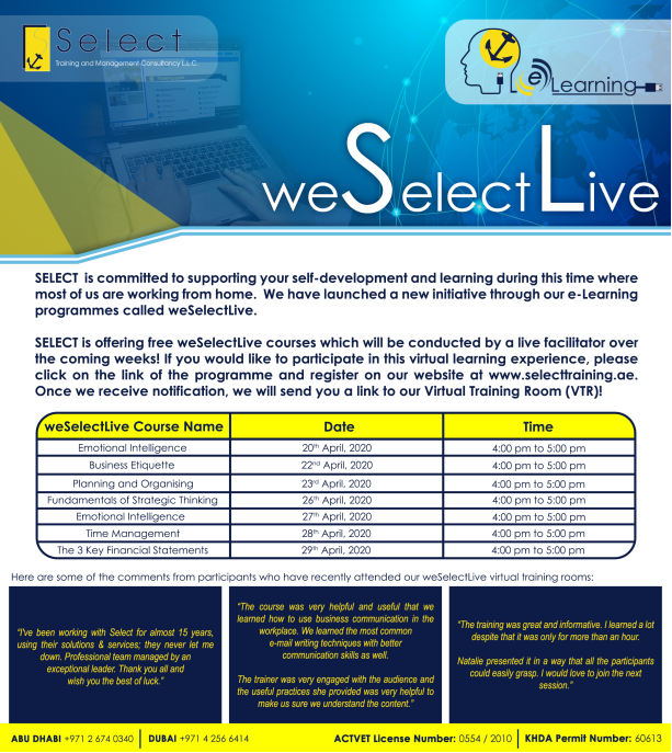 SelectTraining's tweet image. Come join our weSelectLive FREE online self-development courses. Do not miss your opportunity to participate!

REGISTER HERE: selecttraining.ae/weselectlive/

#SELECTSELECT #SELECT2020 #UAE #ABUDHABI #DUBAI #OMAN #KSA #KUWAIT #QATAR #GCC