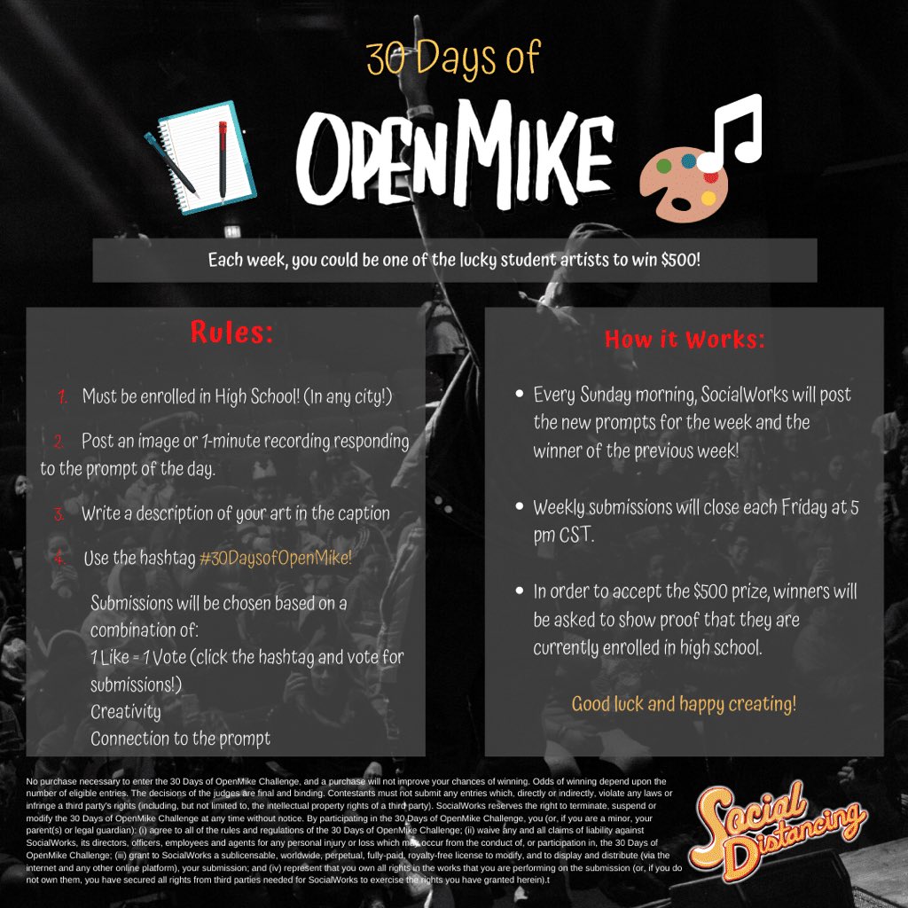 SocialWorks's tweet photo. #30DaysofOpenMike Challenge Week 4 Starts NOW! Check out the prompts everyday of the week + use the hashtag #30DaysofOpenMike to share them with the world! READY...SET...GO!!!
#SocialWorks #Sworks4SocialDistancing #OpenMike #supportCPS #helppeople https://t.co/5DRYkw0zV1