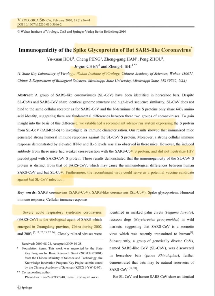 And here is Shi Zhengli herself saying in a recent paper dt. 25th February 2020 that Sars CoV i.e. COVID-19 is different in sense from earlier Sars like Coronaviruses, due to weak immune response to S PROTEIN & did not Neutralise HIV Pseudotype with SARS CoV S Protein in COVID-19