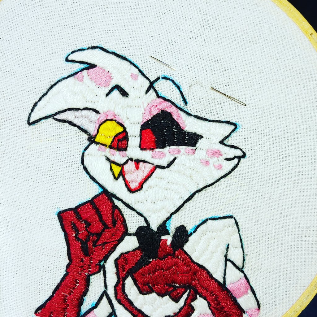 NoteVocal's tweet image. Working on a #angeldust patch to gift a friend with all this free time due to quarantine.#embroidery