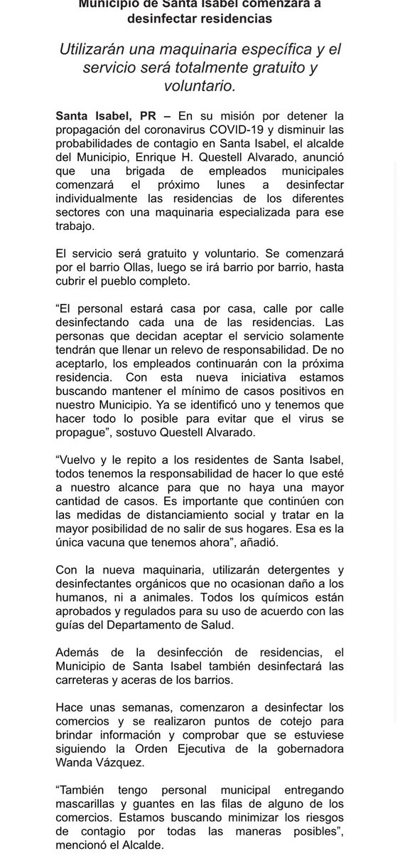 pmartinezvelez's tweet photo. Casa por casa desinfectarán en #SantaIsabel en contra del #coronavirus, a partir de este lunes. 

El proceso con una maquinaria especial será gratis y voluntario. @QuestellQuique https://t.co/uizQ5aFefx
