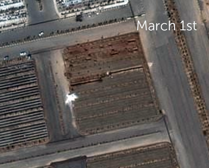 As reported by the Washington Post in March, the city of Qom was constructing mass graves. On March 1st, roughly 90m of mass-grave trenches had been dug. By April 18th that had increased to at least 295m, likely 375m.  https://www.google.com/maps/place/34%C2%B043'05.7%22N+50%C2%B052'45.3%22E/@34.718238,50.8785498,284m/data=!3m2!1e3!4b1!4m9!1m2!2m1!1sBehesht+Masoumeh+cemetery!3m5!1s0x0:0x0!7e2!8m2!3d34.7182381!4d50.8792404