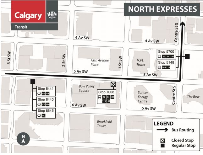 calgarytransit's tweet photo. #CTRiders #Route62 #Route64 #Route109 #Route116 #Route142 Starting Mon, April 20 the existing stop @ EB 5 Ave x 1 St SW (#7008) will be permanently closed. Please use the nearest regular stop on EB 5 Ave x 3 St SW or northbound Centre St x 4 Ave S. https://t.co/aS3ELC4dOJ https://t.co/q1UrNuXs6g