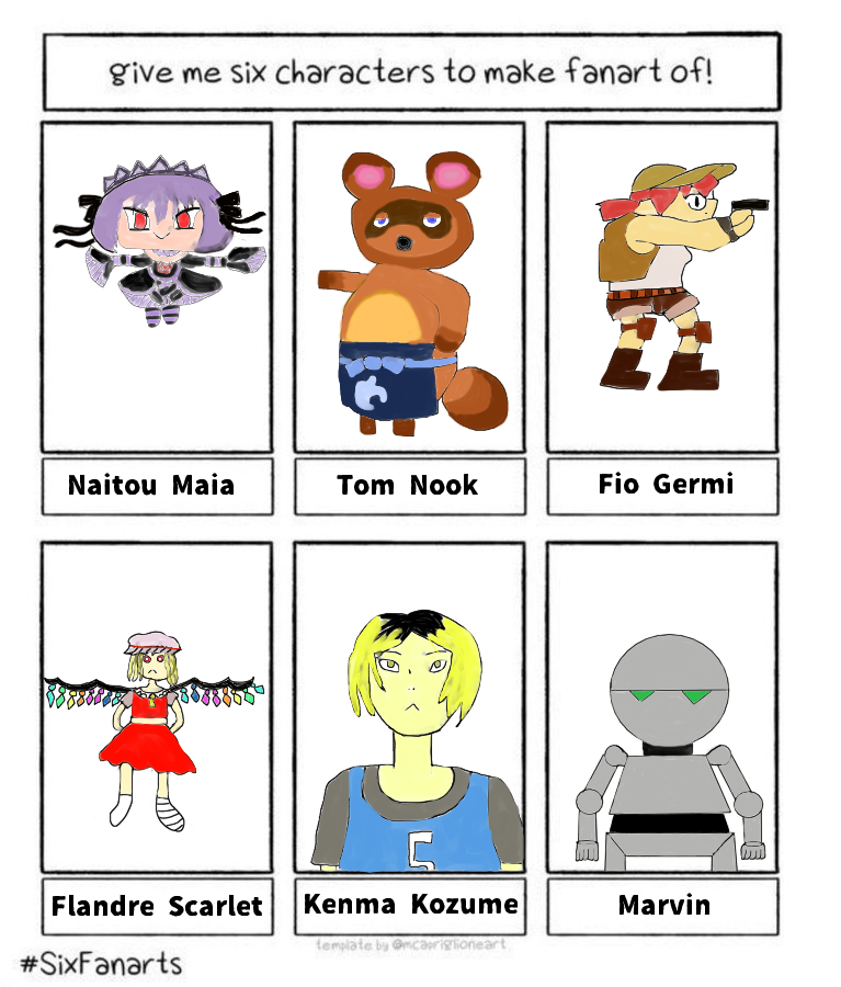 TheArandui's tweet photo. It's done #SixFanarts
#hapymaher #AnimalCrossing #metalslug #touhou #Haikyuu #thehitchhikersguidetothegalaxy https://t.co/LrPXzCAqxi