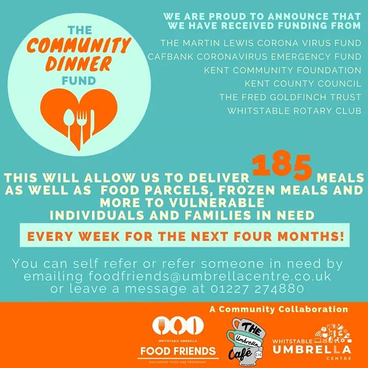 Together with partners <a href="/umbrellacentre/">Whitstable Umbrella Community Centre</a> &amp; <a href="/FoodFriendsUK/">Food Friends</a> we have formed a community led collaboration to serve the needs of our town, during the Covid-19 crisis and beyond it.

The Community Dinner Fund' has been in progress for 4 weeks, delivering meals to people &amp; families (1/4)