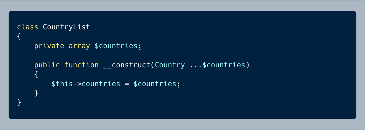 nikolaposa's tweet photo. If you are using typed collections, variadic function syntax for constructor can make all the input validation boilerplate disappear. Probably one of the most underrated #PHP language features. https://t.co/m4qtybblj2