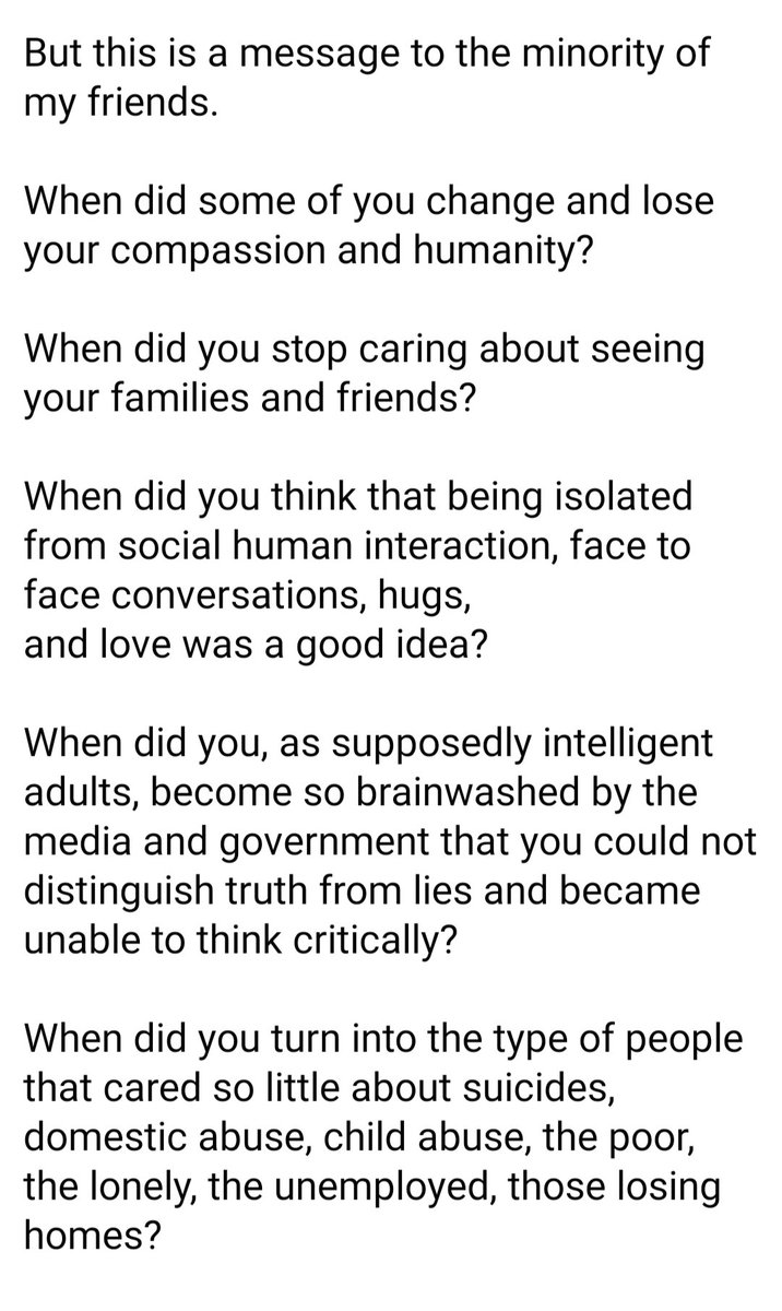 Posted this on Facebook this morning as a message to a minority of my friends.I am disappointed by the way some of them have behaved and the the things they have said and done. They have shown so little regard for the negative effects of the   #Lockdown on others.Two part to this