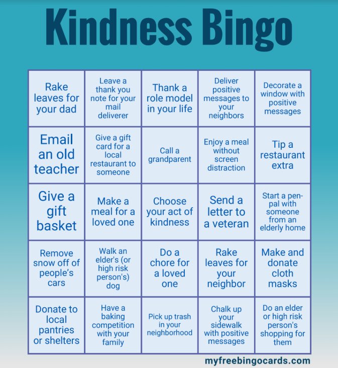 IntentionalOf's tweet photo. Kindness comes in all different forms! Join us in Kindness Bingo to spread smiles to those around you. If you get a bingo, feel free to share it with us! Better yet, go for a Black Out Bingo!!! 😀 https://t.co/l2cQjdMXDj