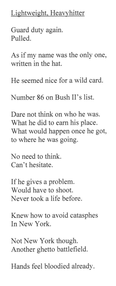 More modern  #warpoetry, this time from Iraq War veteran Nicole S. Goodwin, who writes about hard times with New York grit and humanity. Here, she speaks as a U.S. soldier guarding Iraqi prisoners. From her collection "Warcries":  https://amzn.to/34YFRBL   #NationalPoetryMonth 19/n