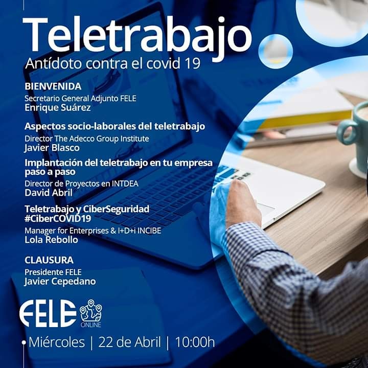 ⏺️JORNADA ONLINE| Teletrabajo, antídoto contra el #Covid19
Recuerda que este miércoles tienes otra cita con Fele Online. Conoce todos los aspectos del #teletrabajo 
📰Inscríbete en fele.es/feleonline

#leonesp #empresa #empleo #tecnologia #ciberseguridad