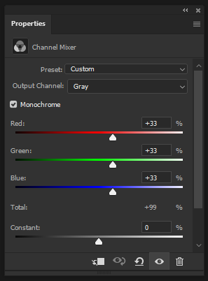 According to the picture up there: - pure primary colors should end up 33% gray.- pure secondary colors should end up 66% gray.Let's try this naive conversion using the channel mixer, each primary color contributing 33% of the final output.