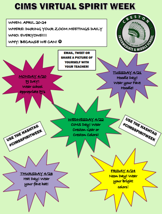 CrestonIMS's tweet photo. Remember -- tomorrow begins our CIMS Spirit Week! Monday is Pajama Day - wear school appropriate PJs and snap a pic! Use the hashtag #CIMSSpiritWeek https://t.co/EnJRzFDo3O