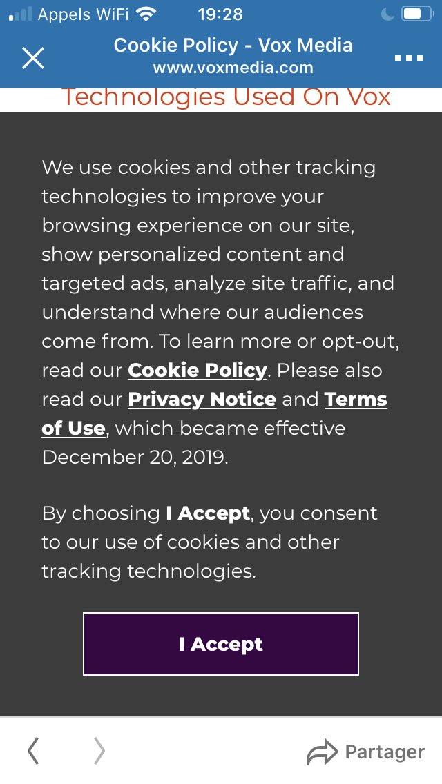 MarcGeoffroyEC's tweet photo. Ok ⁦@voxmedia⁩ , how do I opt out when your cookie policy is not accessible because of your « I agree » window ? 😱😭🤪😡 https://t.co/i2mMQQCUyk