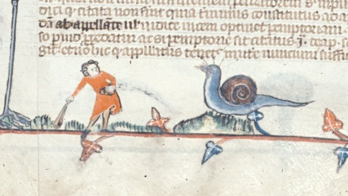 Snail fights were a kind of medieval meme: moving more slowly than modern memes because of the slowness of manuscript transmission. Perhaps, like modern memes, their meaning shifted over time. (BL, MS Royal 10 E IV, f. 45)