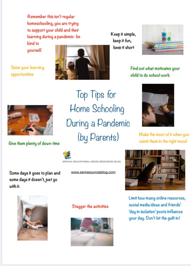 Please RT

TOP TIPS FOR ‘HOMESCHOOLING’ DURING A PANDEMIC, by PARENTS 

senresourcesblog.com/2020/04/19/top… (Infographic can be downloaded and shared for free) 

#sendathome #send #edutwitter #lockdown #homeschooling #lockdownparenting #COVID
