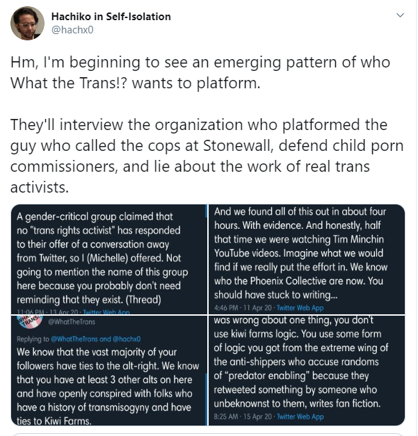 ...the way he wants...you will be accused of "promoting predators" or whatever. That has been his pattern. Here is an example of his "logic" in action. He is now accusing us of platforming the LGB Alliance.