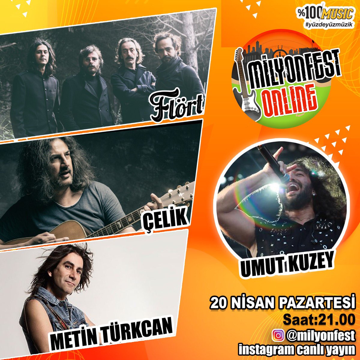 Milyonfest ONLINE devam ediyor⚡️<a href="/umutkuzey/">Umut Kuzey</a> 'e #YARIN akşam canlı yayında <a href="/flortmuzik/">Flört</a> FLÖRT, <a href="/celikerisci/">Çelik Erişçi</a> ÇELİK ve <a href="/metinturkcan/">Metin Türkcan</a> METİN TÜRKCAN konuk olacak. ⏰ YARIN saat 21:00’da @Milyonfest canlı yayınında görüşmek üzere!

Kimler bizimle? 🤚🏻MİLYONFEST ONLINE mıyız?