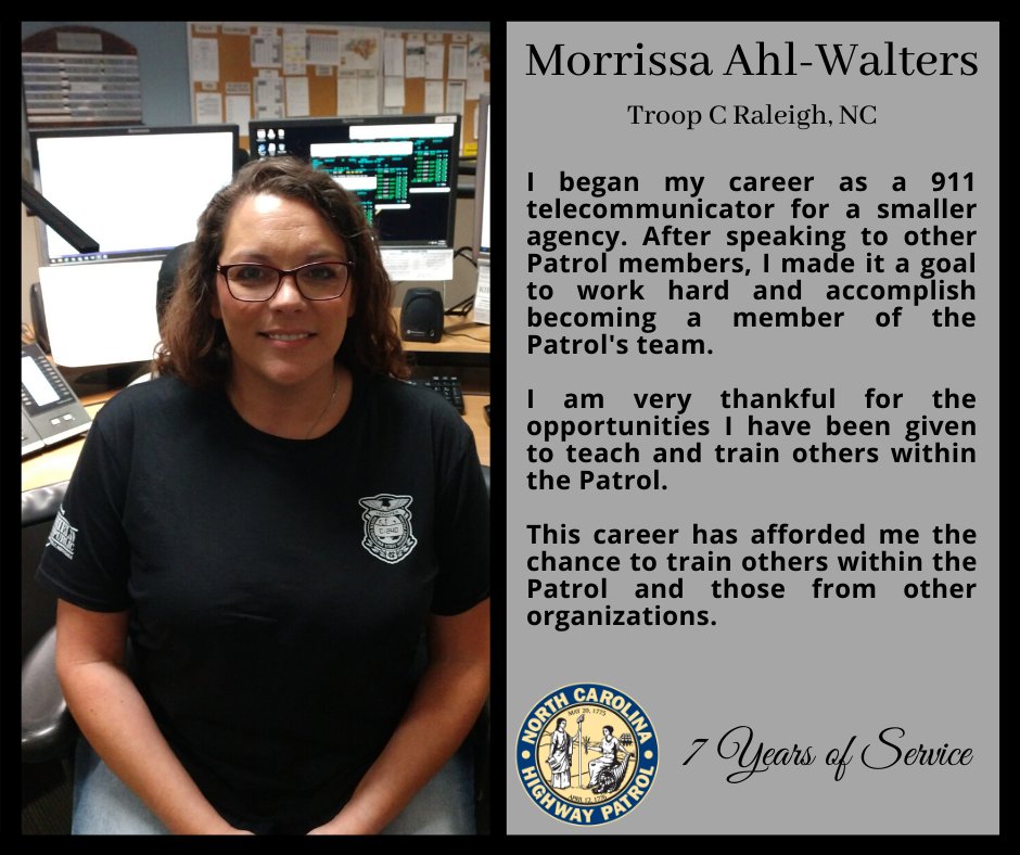 NCSHP's tweet photo. .@NCSHP highlights SHP Telecommunicator Morrissa Ahl-Walters in celebration of #NationalTelecommunicatorsWeek #NPSTW2020 https://t.co/JQxbiHWHtW