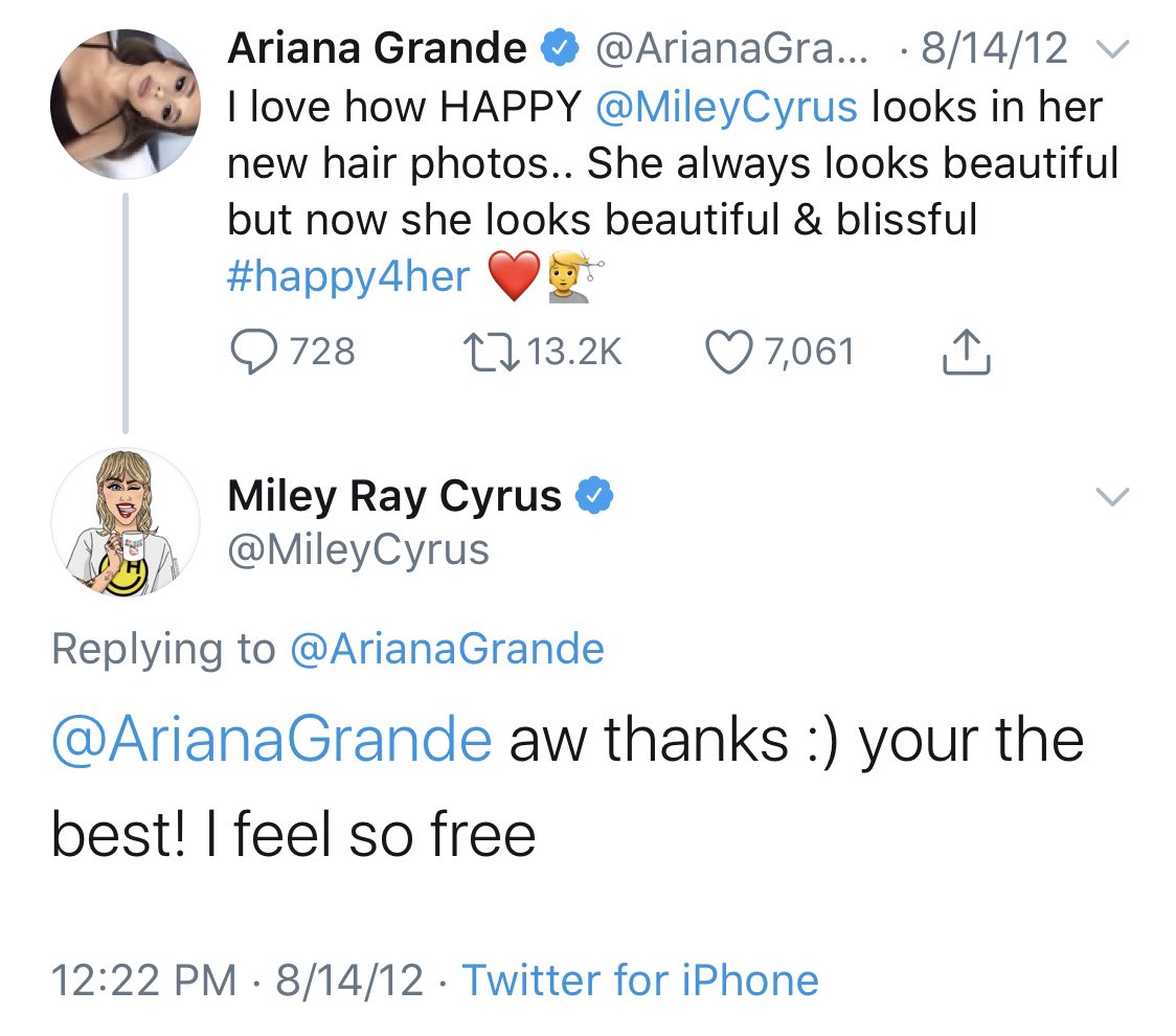 miley and ariana first interacted in 2012, when ariana publicly supported miley after she got her iconic pixie cut.